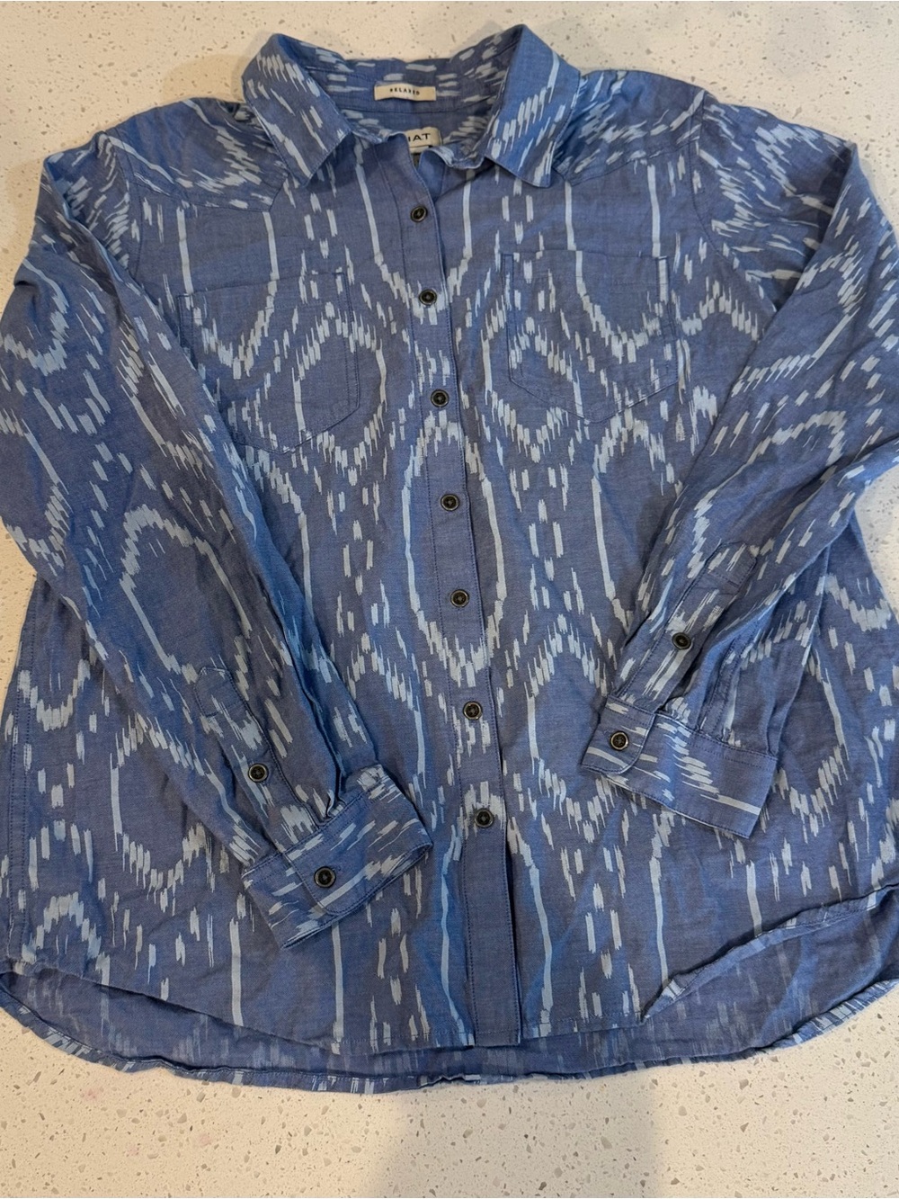 Ariat Large Woman Blue Billie Jean Blackhawk Ikat Shirt Long Sleeve Relaxed Fit - Picture 2 of 14
